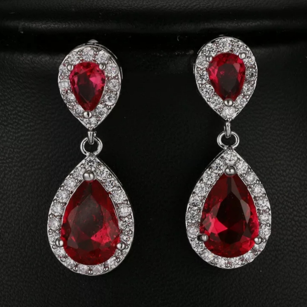 Silver Ruby Drop Dangle Earrings